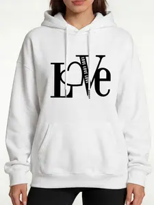 Women's Fashion Hooded Sweatshirt, Love Letter & Heart Print, Long Sleeve Drawstring Kangaroo Pocket, Fall Winter Casual Sportswear