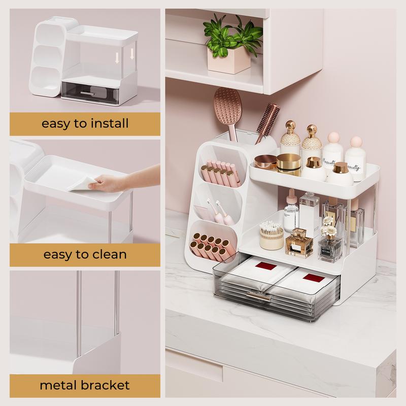 Large Capacity Makeup Storage Box, Multi-functional Makeup Brush Lipstick Eyebrow PencilPocket Mirror Storage Box, Desktop MakeupOrganizer for Home & Travel, Makeup Box,Cosmetics Organizer Storage Pink