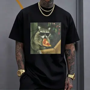 Men's Funny Raccoon Pizza Graphic T-Shirt,  Casual Streetwear Tee With Cool Sunglasses Raccoon Print, Viral Meme Short Sleeve Top