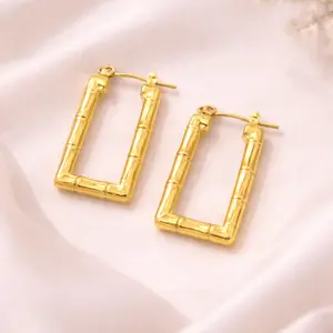 Gold Bamboo Hoop Earrings Square Minimalist | Mom Beauty Love