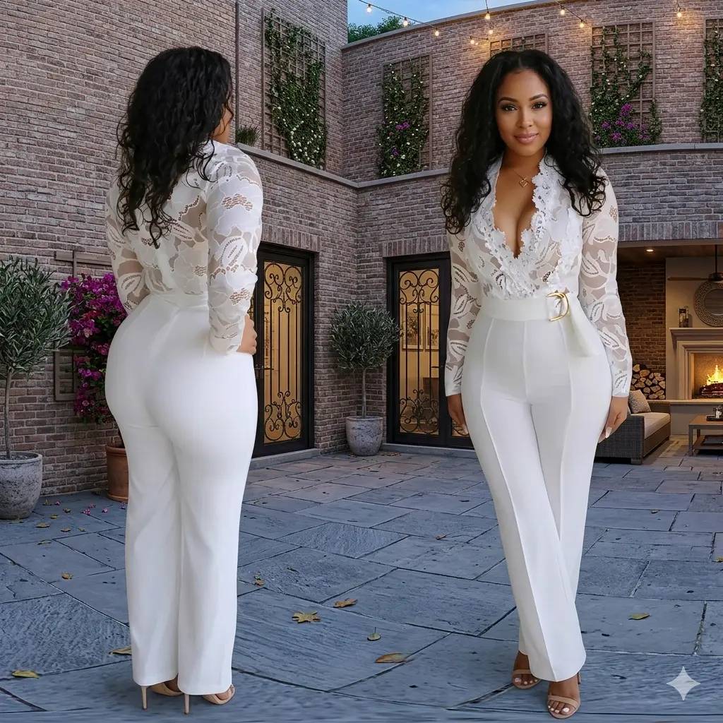 Women's Elegant White Lace Long-Sleeve V-Neck Polyester Overalls - 1-Piece Jumpsuit with Zipper, Comfortable Breathable Fit, for Casual, Wedding Occasions (Matching Accessories Option) Party Jumpsuit Leg Jumpsuit
