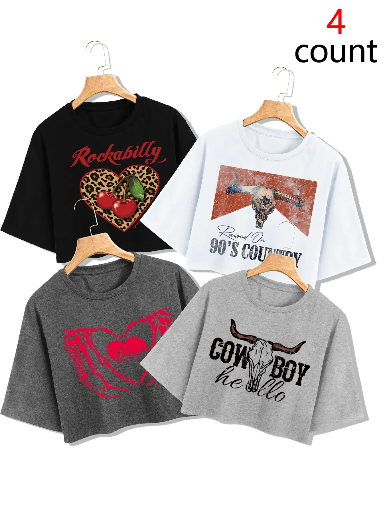 Women's 4-Pack Y2K Retro Crop T-Shirts, Western Style, Casual, Cherry & Bull Head & Skull & Letter Print, Loose-Fit, Versatile Fashion Summer Tops