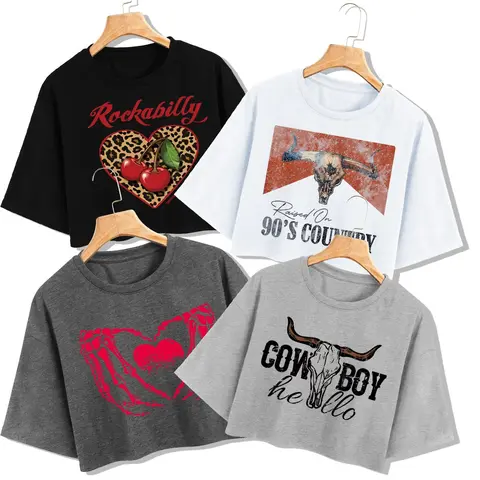 Women's 4-Pack Y2K Retro Crop T-Shirts, Graphic Shirt, Western Style, Cherry & Bull Head & Skull & Letter Print, Loose-Fit, Versatile Fashion Summer Tops