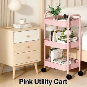 3-Tier Rolling Cart with Table Top, Metal Storage Cart on Wheels, Utility Organizer with Wooden Tray, Lockable Casters, Easy Assembly for Bathroom, Living Room, Office, Bedside, Pink cap makeup brush holder stackable baseball cap storage box compartments