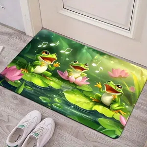 Machine Washable Polyester Frogs Singing Cartoon Design Area Rug - Non-Slip Rectangle Doormat for Living Room, Bedroom, Bathroom, Kitchen - Indoor Decorative Floor Mat with PVC Backing