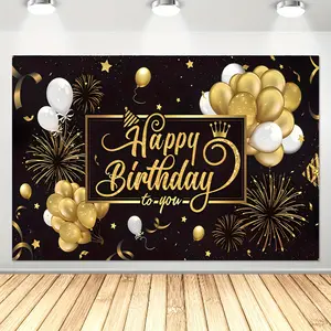 1pc, Black Golden Balloon Happy Birthday Vinyl Backdrop - Great For Birthday Parties, Wall Sign Photo, Great For Photography, Holiday Party Supplies, Decoration - Birthday Theme - Available In Two Sizes. Banner Ornaments