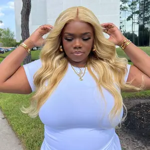 Arabella 13X6 Ear to Ear Glueless Blonde Khaki Human Hair Lace Front Wig Loose Body Wave Middle Part Natural Hairline Long Wavy Wig