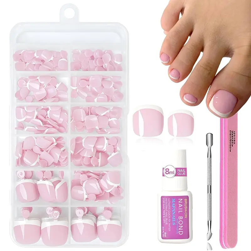 Fake Toe Nails Set, 120PCS Short Square False Toenails Kit with Nail Art Tools, Nail Art Supplies, Artificial Nude French Tip Nail Designs Stick-On Glossy Full-Cover Toe Nails, 12 Sizes, Removable Design for Women and Girls Nail Art DIY Press On Nail