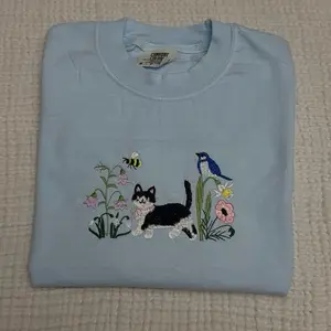 TUXEDO black and white cat Spring floral meadow cat dainty embroidered comfort colors shirt/ spring shirt/ comfort colors tee/ spring cat shirt