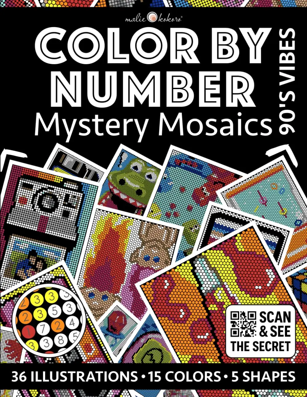 Color by Number: 90's Vibes | Mystery Mosaics Coloring Book for Adults | Black Background Edition: Color Quest with Circle, Square, Triangle, Diamond, ... (Color by Number - Black Edition | Pixelart)