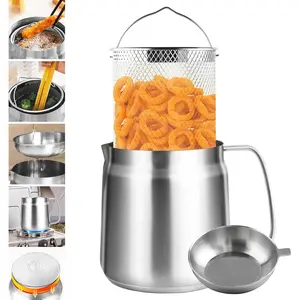 2L Stainless Steel Oil Filter Pot, Bacon Grease Container with Strainer & Deep Fryer Basket, Kitchen Cooking Oil Lard Fat Saver, Pasta Vegetable Pot for One, Triply-Base Suits All Stoves