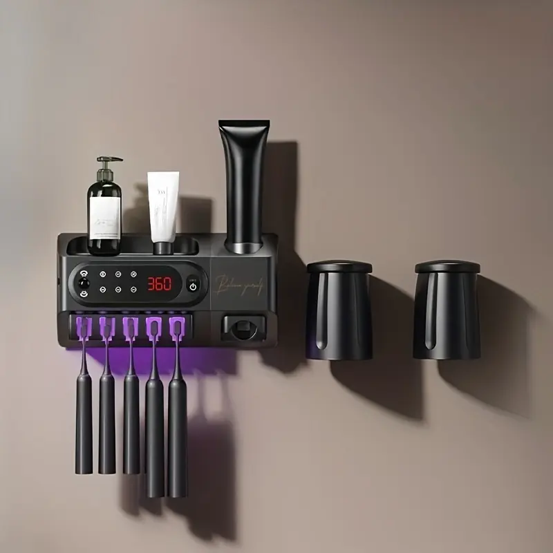 A Smart Toothbrush Holder That Can Be Mounted on The Wall, Featuring Two Magnetic Cups And Trays, Along with an Automatic Toothpaste Dispenser. It Is USB Rechargeable, Easy to Remove And Wash, Requires No Drilling for Installation