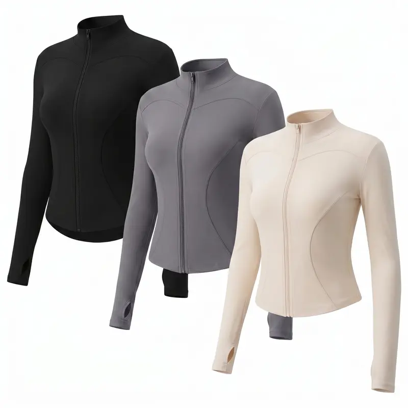3-Piece Women's Solid Color Curve Design Activewear Set - Long Sleeve Thumb Hole Zip-Up Jacket & Flared Pants Yoga & Athletic Tracksuit summerwins