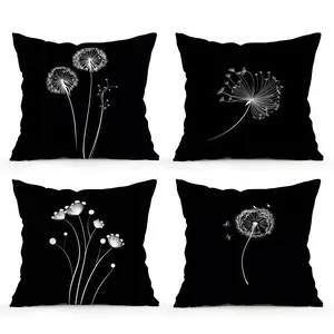 4pcs-Black and White Dandelion Themed Throw Pillow Covers, Home Spring Décor Products, Suitable Living Room, Bedroom, Sofa and Bed Decoration, 2D Flat, Single Sided Printing, No Pillow Core