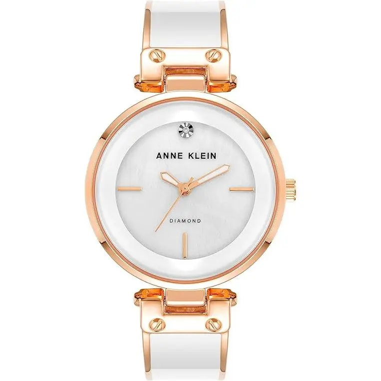 Anne Klein Women's Elegant Quartz Fashion Watch Jewelry - Rose Gold-Tone, White Mother-of-Pearl, Diamond Accent Round Bracelet Watch AK/1414WHRG