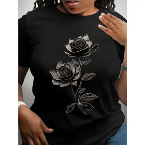Delicate rose print fashion casual short-sleeved summer fit version of round neck women's T-shirt
