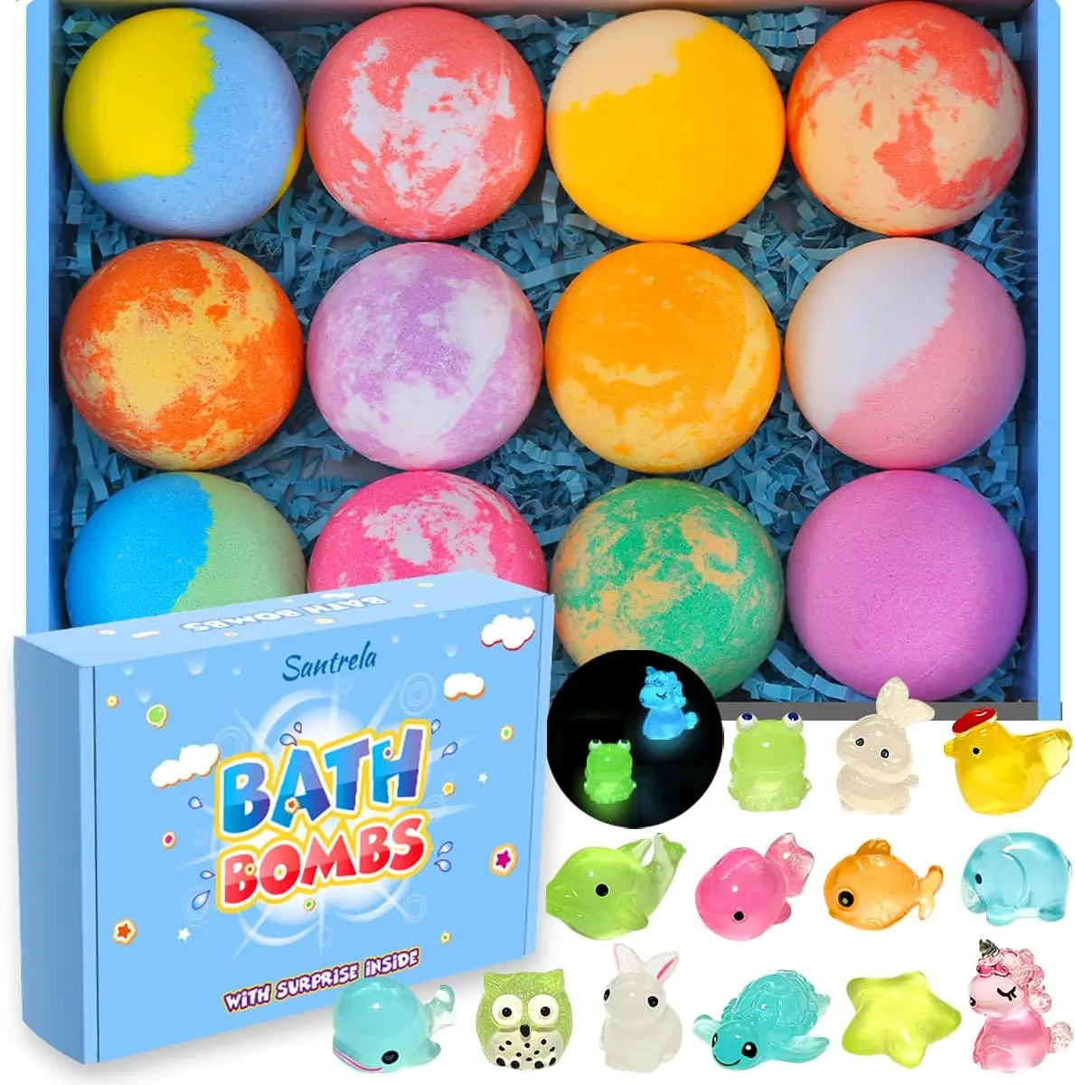 Bath Bombs for Kids with Toys Inside - 12 Pcs Handmade Bubble Bath Fizzies Bomb with Glow-in-The-Dark Surprise Toys Inside, Ideal Gift for Easter Eggs Stuffers Birthday Christmas