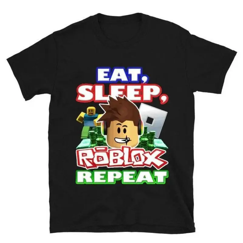 Kids' Casual Short-Sleeve Pure Cotton T-Shirt, Roblox Print Avatar Theme Eat Sleep Roblox Repeat Graphic Tee for Gaming Lovers