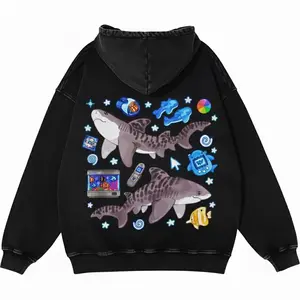 Sharks With Retro Style Objects Casual Hoodie, Vintage  Coloful Hood- Shirt - Natural Theme Unisex Streetwear