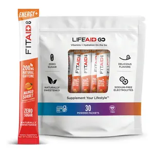 FITAID ENERGY GO Energy Blend, 200mg Caffeine from Green Tea, Zero Sugar, All-In-One Energy: BCAAs, B-Complex, COQ-10, Keto Friendly Pre-Workout Drink, Paleo, Mango Sorbet, (Value Pack of 30)