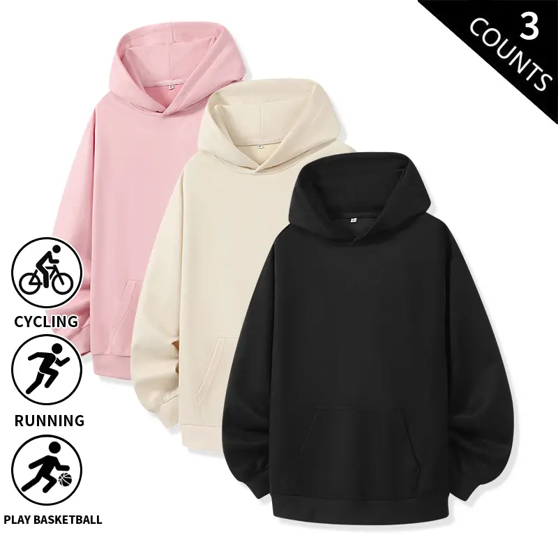 Men’s suede pullover hoodie, 3-pack, solid colors, oversized loose fit hooded sweatshirt with front kangaroo pocket, soft and cozy casual streetwear long sleeve top for everyday lounging
