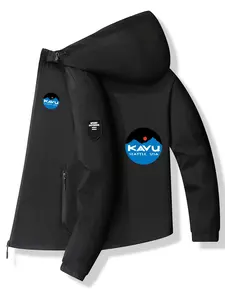 Mountain Round Logo Hooded Jacket, Polyester Fabric, Blue Mountain Pattern, Casual Slim-Fitting Outerwear, Spring & Fall Fashion