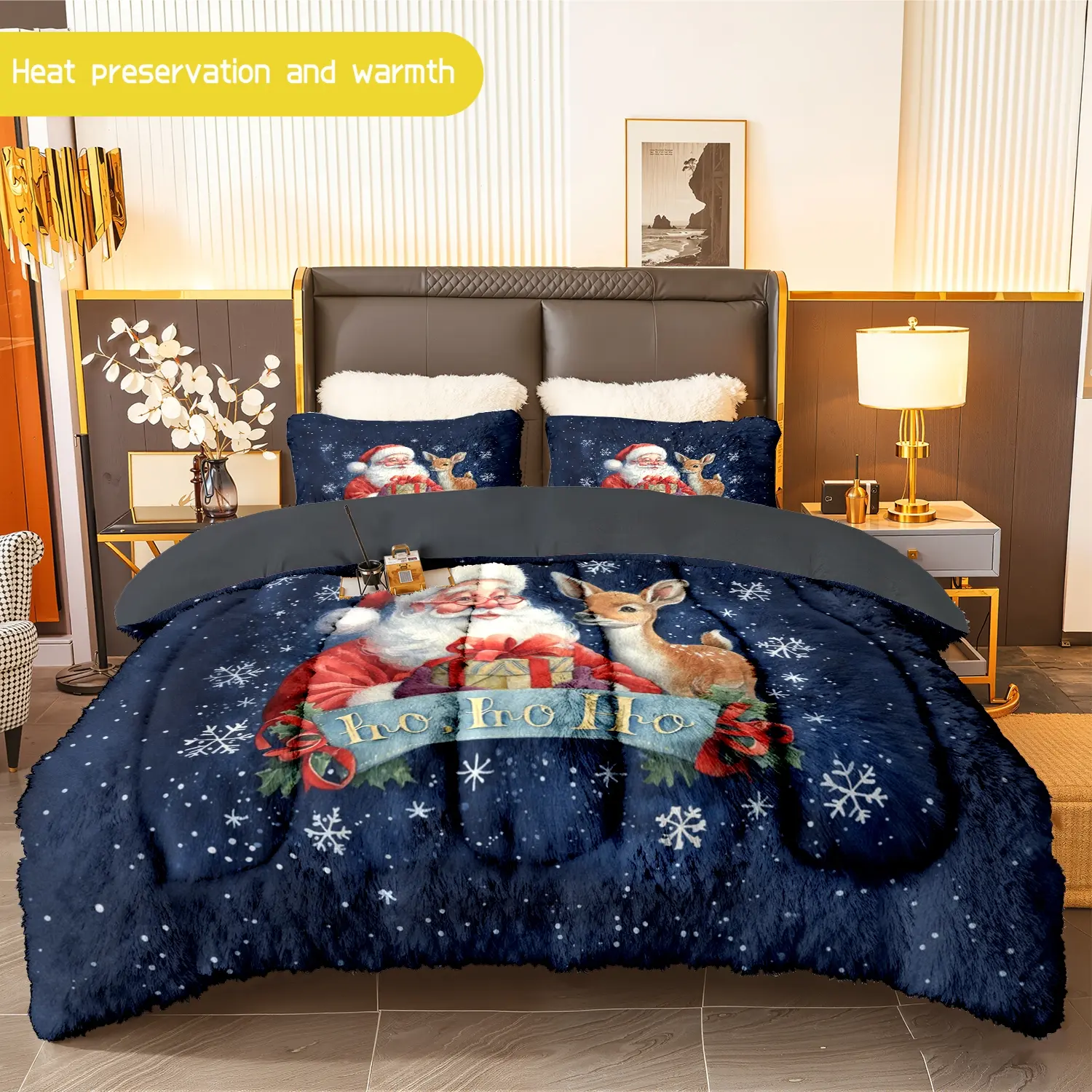 3pcs (1 comforter + 2 pillowcases) Santa and Reindeer Christmas Flannel & Milk Velvet Comforter Set, Soft Warm Cozy Bedding Set, Trendy Bedding Essentials