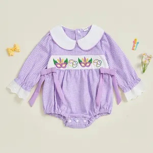 Infant Baby Girl MardiGras Romper Loose Fit Bows Embroidered Plaid Doll Collar Long Sleeve Fall Spring Jumpsuit 0-18 Months