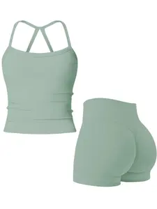 Women's Seamless Fitness Set, Halter Cross Back Tank Top + Hidden Support Workout Shorts, Beautiful Back Sports Bra, Sexy Yoga Outfit, Quick-Drying Running & Outdoor Sports Suit, Workout Sets