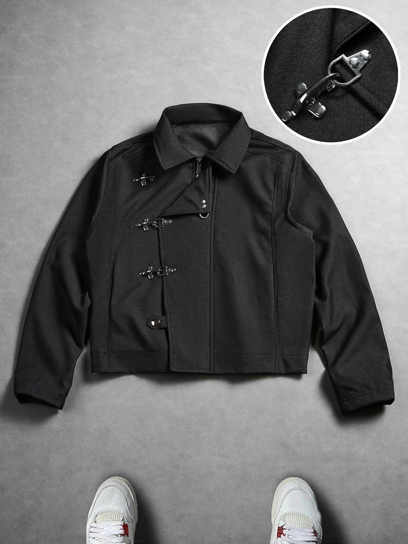 Men's Vintage Biker Jacket - Metal Buckle, Turn-down Collar, Asymmetric Placket, Zip-up, Cropped, Loose Fit, Windproof Fall Outerwear for Casual Streetwear | Menswear Tops