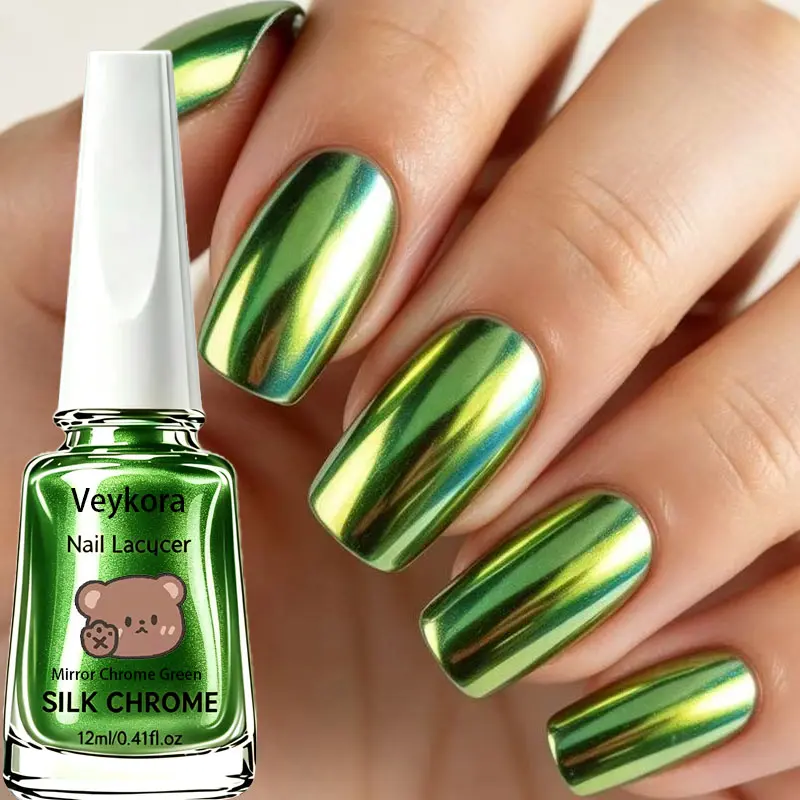 Mirror Chrome Green Nail Polish - High-Reflective Silk Finish, Long-Lasting Anti-Peeling Formula, Iridescent Color Shift for Party Looks