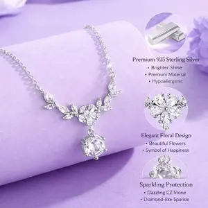 925 Sterling Silver Floral CZ Necklace for Women, Dainty Vine Flower Pendant Necklace, Adjustable Sparkling Jewelry Gift for Her