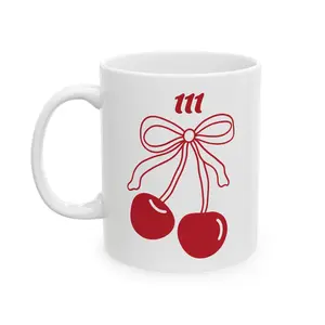 111 Angel Number Cherries Coffee Mug – Coquette Bow Kawaii Coffee Mug | 11oz 15oz White Ceramic