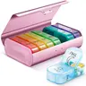 Metal XL Weekly Pill Organizer with Compartments - 7-Day AM-PM Aluminum Shell Pill Pack Storage Bins with Lids, Built-In Steel Pin, 8 Fish Oil Slots, Travel Medicine Vitamins Supplements Holder (Christmas Gift Option)