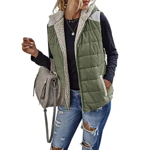 Womens Sherpa Fleece Full Zip Reversible Vest Warm Color Block Hoodie Outwear with Pocket