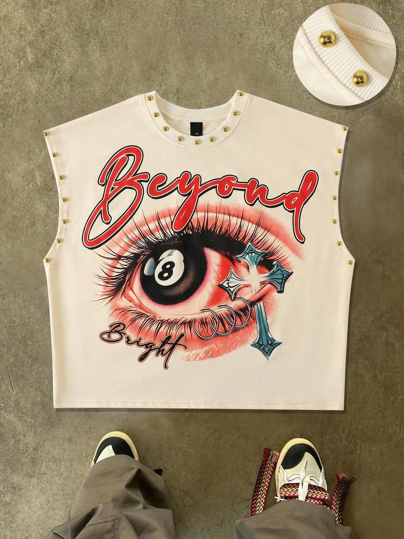BEYOND slogan vest, Casual Tank Tops, men's metal foil rivet T-shirt sleeveless Loose vest unisex graphic pattern print 8 numbers street fashion brand men's clothing 2026 summer new vest Y2K