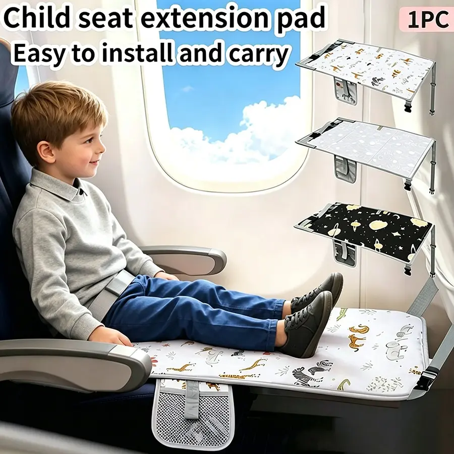1pc Airplane Seat Extension Pad, Cartoon Print Baby Footrest, Foldable and Portable, with Storage Net, Travel Essential for Long Trips