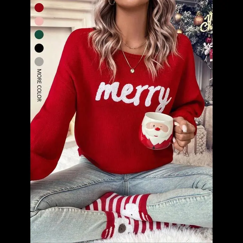 WOMEN'S RED PULLOVER SWEATER, CHRISTMAS FALL/WINTER 2025 OUTFIT, ROUND NECK CASUAL CUTE PULLOVER SWEATER FOR WOMEN, SUITABLE FOR DAILY OUTINGS, PARTIES,  LADIES CHRISTMAS AUTUMN-WINTER CLOTHES