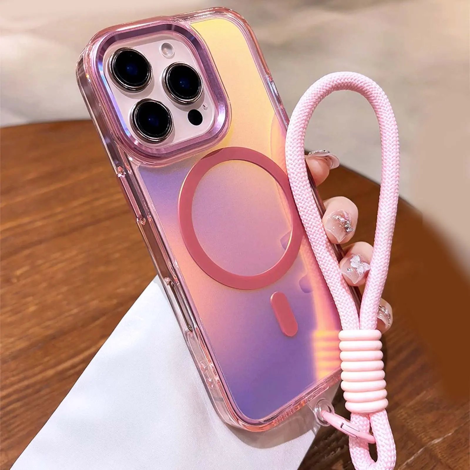 Cute Unique Holographic Iridescent Rainbow Phone Case with Wristband for IPhone 13-17 Pro Max - Wireless, Shockproof, Magnetic Smartphone/Cellphone/Handheld Devices Cover with MagSafe Protection, Casing, Accessories ZT