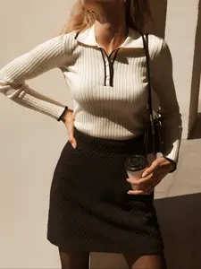 French Vintage Colorblock Polo Neck Knit Sweater, Patchwork Slim Striped Top, Casual Commuter Style Pullover, Knitwear