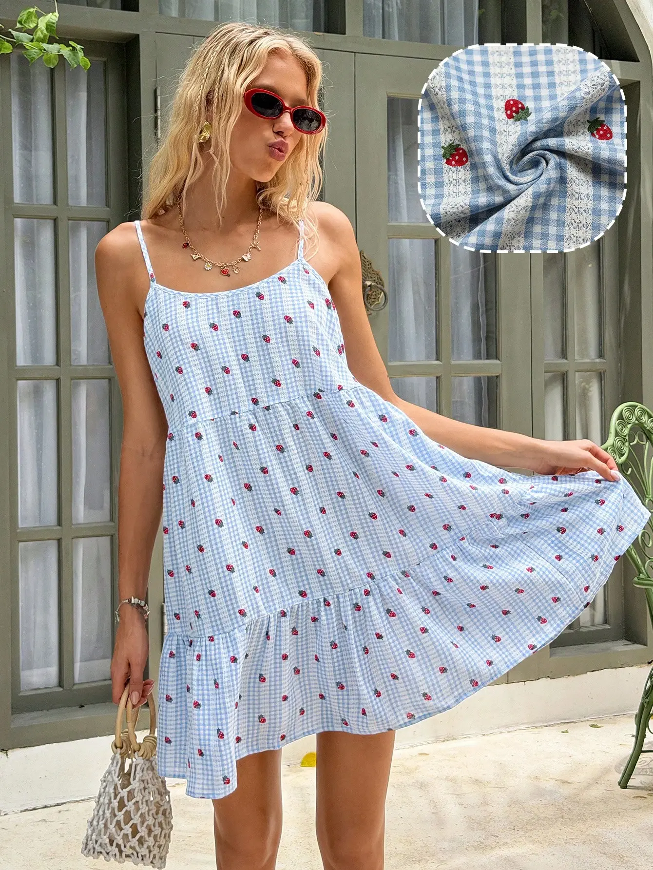 Women's Strawberry Plaid Babydoll Mini Dress - Casual High Waist Unlined Body Cloak Sleeve Multicolor Boho Summer Cami with Spaghetti Straps, Lace Trim, Ruffle Hem