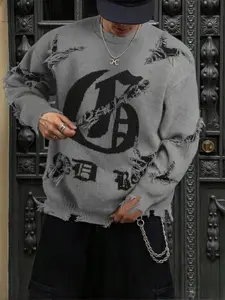 Men's & Women's Street Gothic Letter Print Sweater, Casual Loose-Fit Knitted Pullover, Round Neck Long Sleeve Drop Shoulder Top, Knitwear