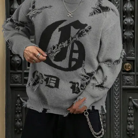 Men's & Women's Street Gothic Letter Print Sweater, Casual Loose-Fit Knitted Pullover, Round Neck Long Sleeve Drop Shoulder Top, Casual Chic Knitwear, Casual Cozy Pullover