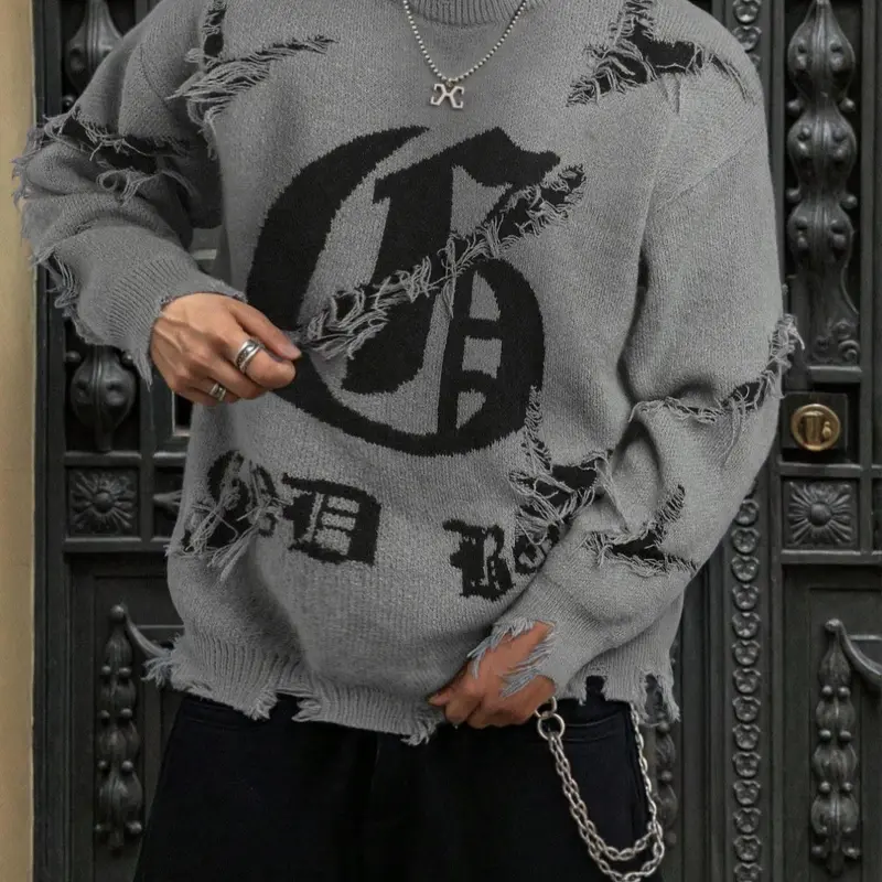 Men's & Women's Street Gothic Letter Print Sweater, Casual Loose-Fit Knitted Pullover, Round Neck Long Sleeve Drop Shoulder Top, Casual Chic Knitwear, Casual Cozy Pullover