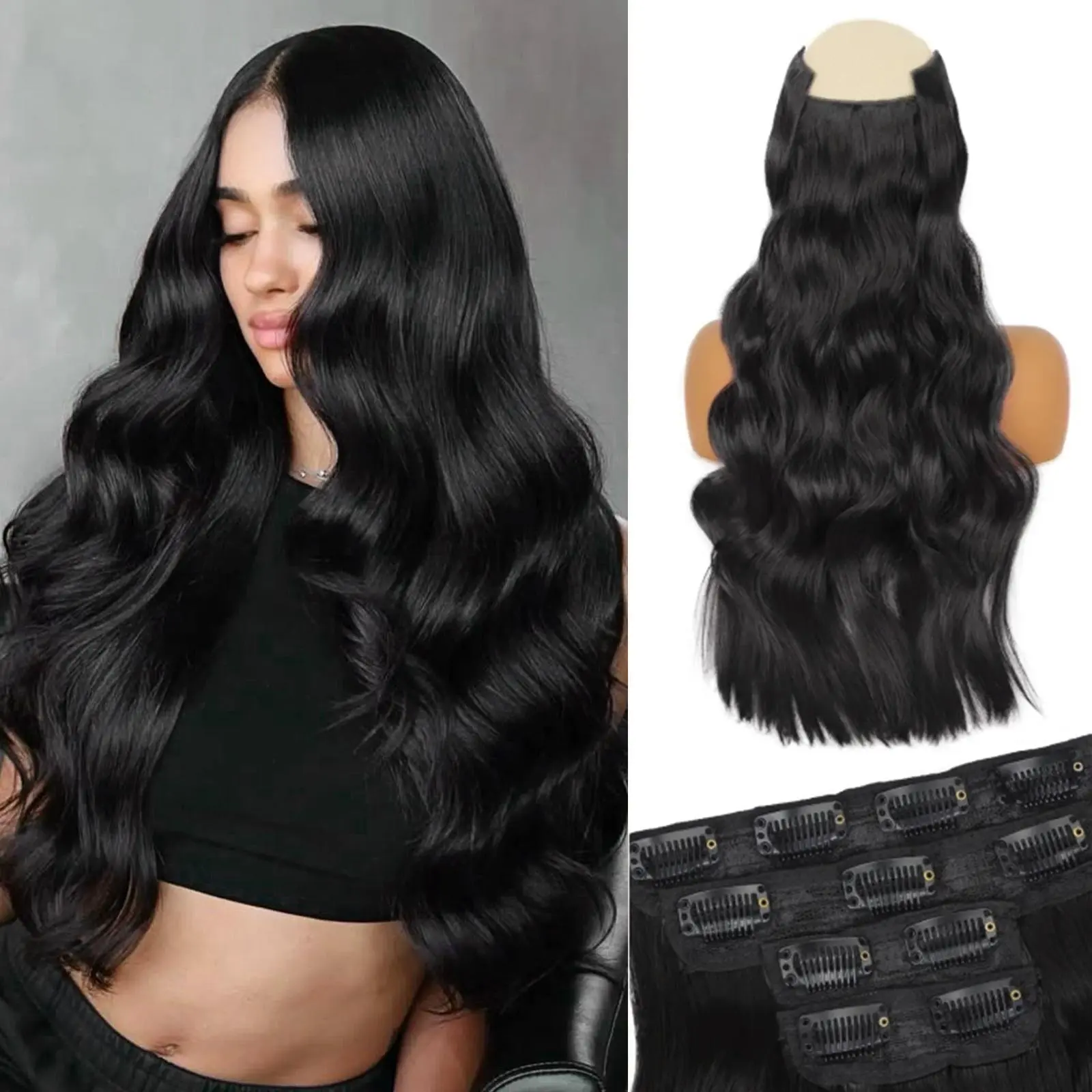 Women's 24in Synthetic Fiber Clip-in Hair Extensions - Curly Wave Hairpieces, Natural Soft, Easy-to-Wear Snap Clips, Instantly Add Hair Length, 24 Inch Extensions for Daily Use