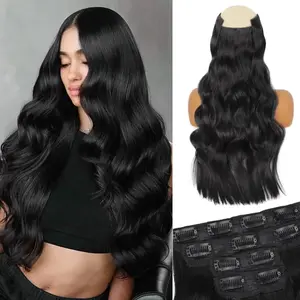 [Vigorous] Black 24in Clip in Hair Extensions Long Wavy Synthetic Hairpieces Natural Soft Hair Blends Well Easy to Wear for Women Girls Daily Use
