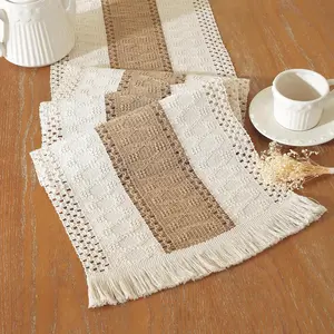 Farmhouse Decor Boho Table Runner with Macrame, Elegant Beige Brown Coffee Table Runners 60 Inches Long, Rustic  Decor Boho Decorations for Dining Room Kitchen  Bridal Shower (12"x60")