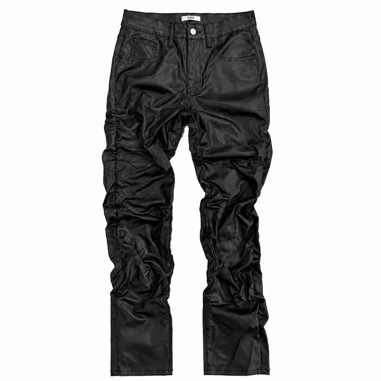 Men's Black Coated Stacked Jeans, Slim Fit Ruched Denim Pants with Leather-Look Finish, Casual Streetwear Jeans for Men