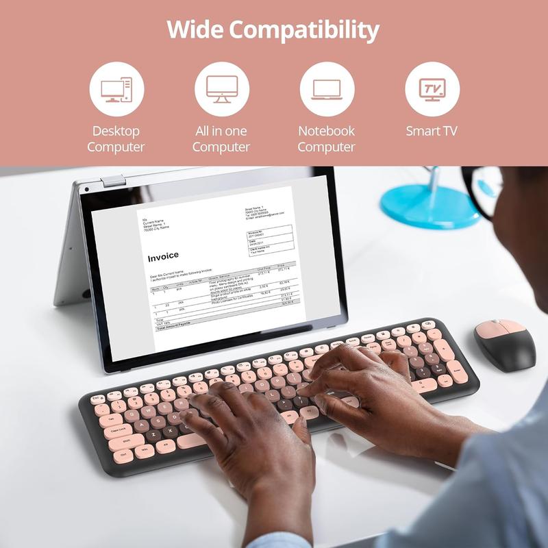 Cute Colorful Keyboard and   Silent, Full-Size Retro Typewriter  Quiet Black and Pink Keyboard Low-Noise 2.4GHz for Computer, Desktop, Laptop(6-Heimei)