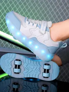 2026 New Girl's Four-Wheel Roller Skates, Adjustable LED Light-Up Shoes, PU Leather, USB Charging, All-Seasons, Casual Style, Children